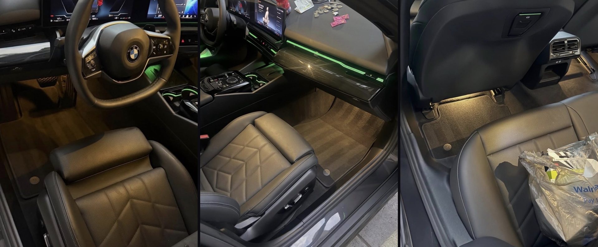 BMW interior after detailing: clean driver seat and floor, passenger footwell and rear seats