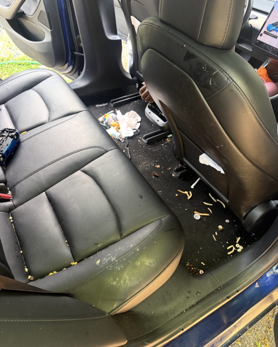 Tesla Model 3 rear seat and floor covered in crumbs, trash and spills before detailing