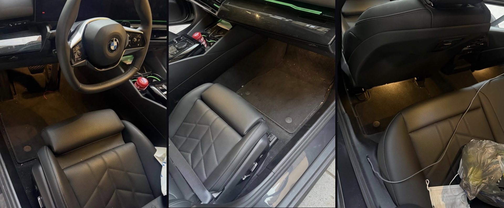 BMW interior before detailing: dusty driver floor mat, dirty passenger footwell and rear floor